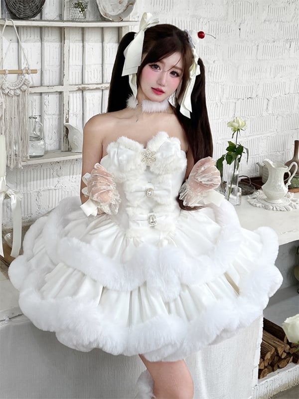 Weißes trägerloses Kleid mit Schneeflocken-Schleifen und Plüschbesatz