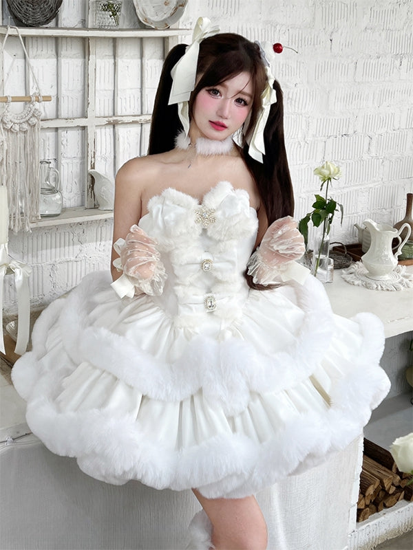 White Snowflake Bow-Adorned Bodice Winter Plush Strapless Dress - Diamond Honey