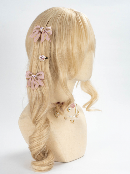 Letter Kei Rhinestone Bow Hairclips Jirai Black/Pink/White