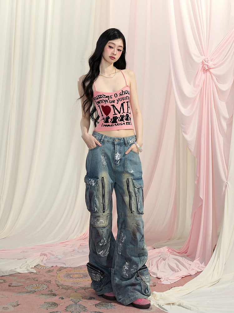 Cropped Top mit Buchstaben-Print, glamourös, Pink/Schwarz/Apricot, Neckholder