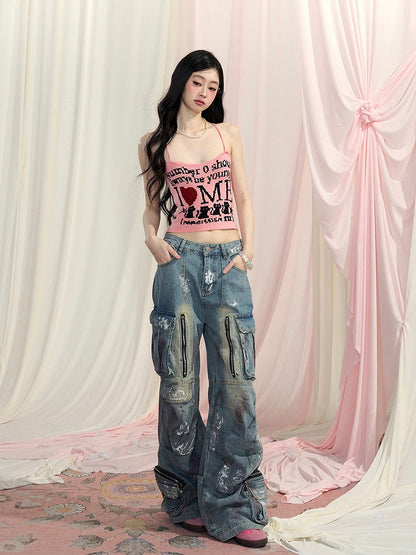 Cropped Top mit Buchstaben-Print, glamourös, Pink/Schwarz/Apricot, Neckholder