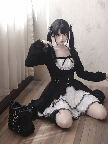 / Kei Lace White Waist Maid Cutouts Aesthetic Core Jirai Skirt High Shoulder Top - Black Tiered