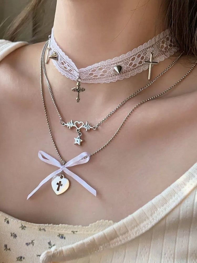 White Silver Layered Cross Choker with Lace and Bow - YSHXS