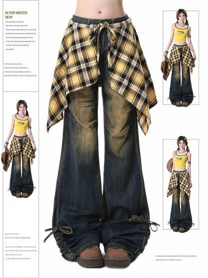 Distressed Detachable Cuffs Hem Plaid with and Handkerchief Skirt Blue Jeans Flared Drawstring