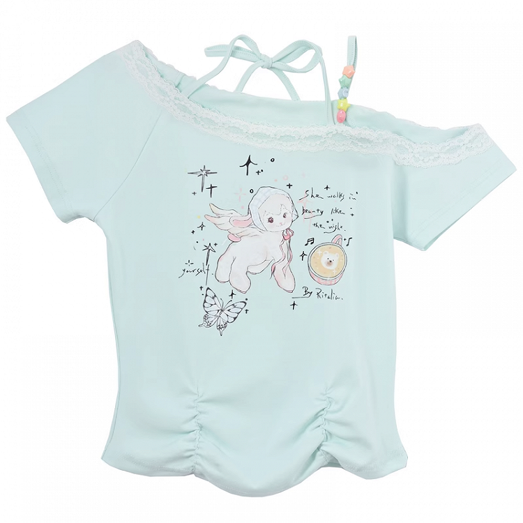 Y2K Adorable Lamb Print Mint Green Asymmetrical Neckline T-Shirt