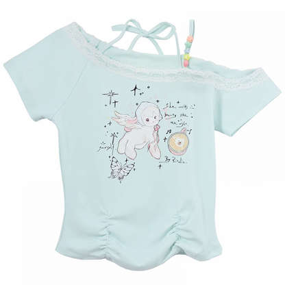 Y2K Adorable Lamb Print Mint Green Asymmetrical Neckline T-Shirt