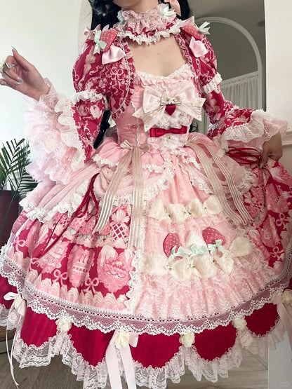 Red & Pink Strawberry Cake Print Bell Sleeve Lolita Dress - Ball Lolita