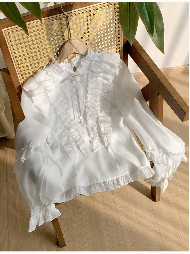 White Balloon Sleeve Blouse with Ruffle Accents and Rose Brooch - With PUJI