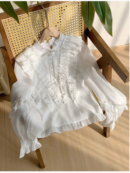 White Balloon Sleeve Blouse with Ruffle Accents and Rose Brooch - With PUJI