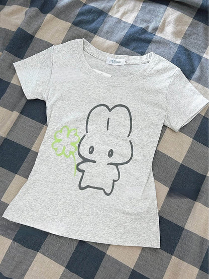 T-shirt Print Jirai Puppy Kei Gray Neck Round