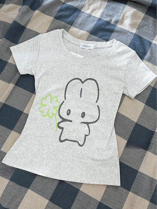T-Shirt Print Jirai Puppy Kei Grau Hals Rund