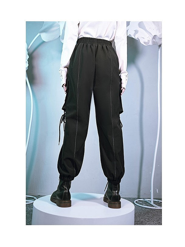 Black with Cargo Gothic Cheongsam Pants Cross-Tie Embroidery Butterfly Pockets