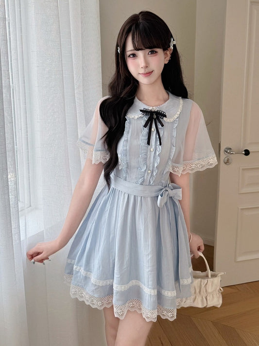 Blue Tulle Cape Peter Pan Collar Dress with Bow Tie Seiso Style - LA LA JK