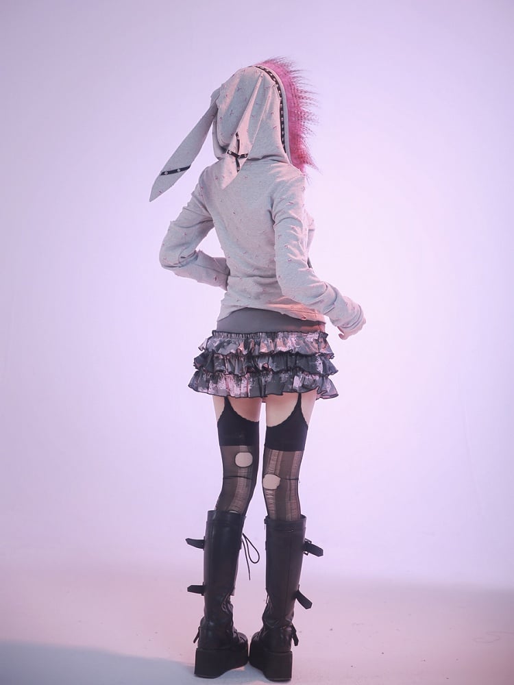 Punkgrauer Oversize-Kapuzenpullover mit Hasenohren