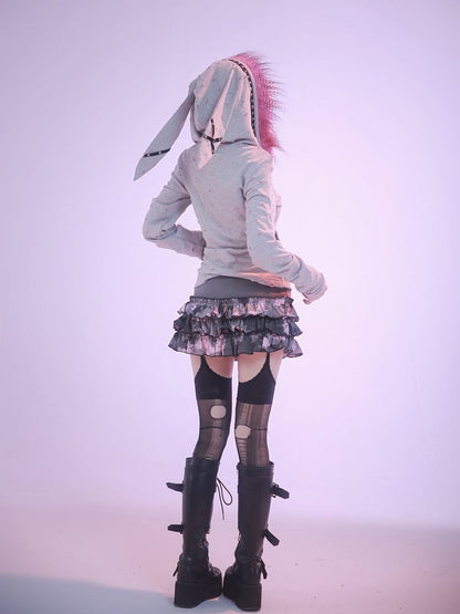 Punkgrauer Oversize-Kapuzenpullover mit Hasenohren