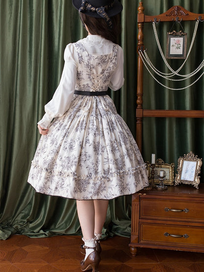 Beige & Black Rosette Print Elegant Classic Lolita JSK Dress with Lace Trim