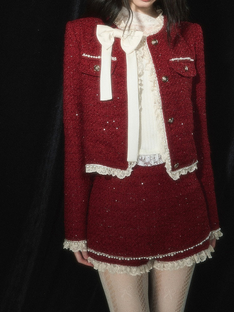 Weihnachtsroter Tweed-Skort, Spitzenbesatz an den Bündchen, Perlendetails
