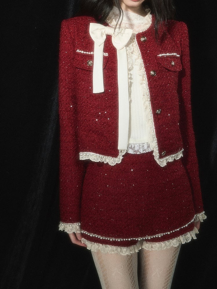 Weihnachtsrote Tweed-Kurzjacke mit Spitzenbesatz, Schleife und Perlendetails
