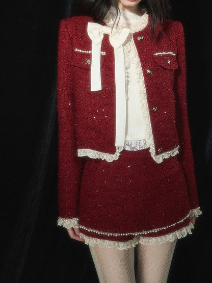 Weihnachtsrote Tweed-Kurzjacke mit Spitzenbesatz, Schleife und Perlendetails