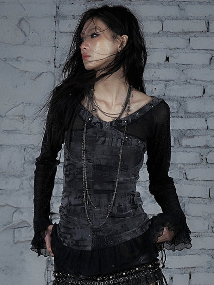 トリムスターレースウェイストランドパンクスタッド装飾ブラックグレー/ベージュTシャツと