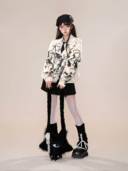 Pompoms Decorated Skirt Bowknot with Black/Gray/White Pleated Detachable