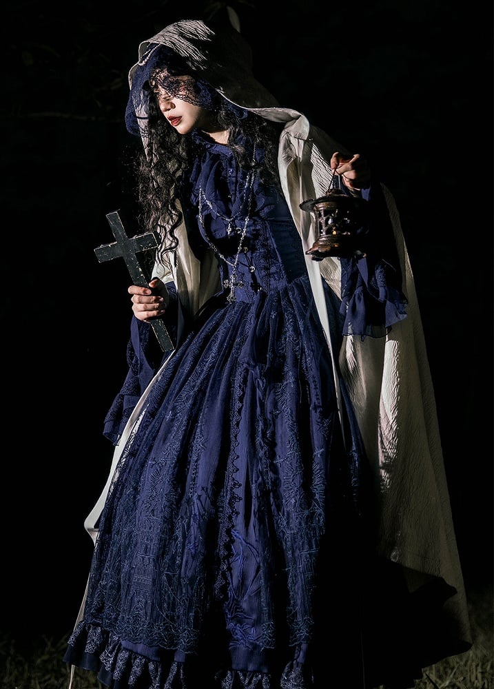 Dark Blue Long Sleeves with Flounce Cuffs Gothic Lolita  Blouse