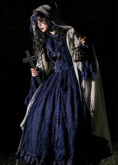 Dark Blue Long Sleeves with Flounce Cuffs Gothic Lolita  Blouse