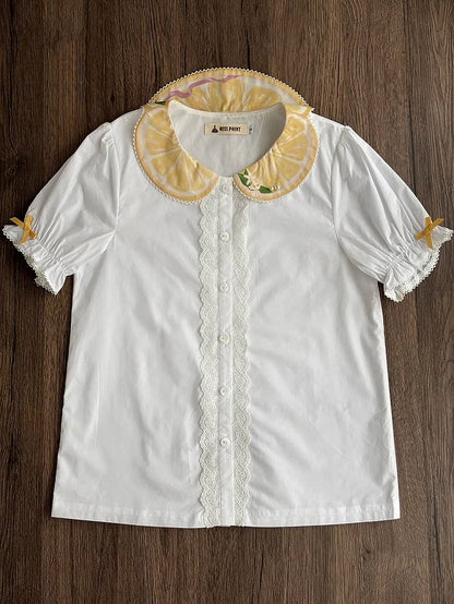 ピーターパン ホワイト ショート レモン スリーブ シャツ イエローカラー プリント