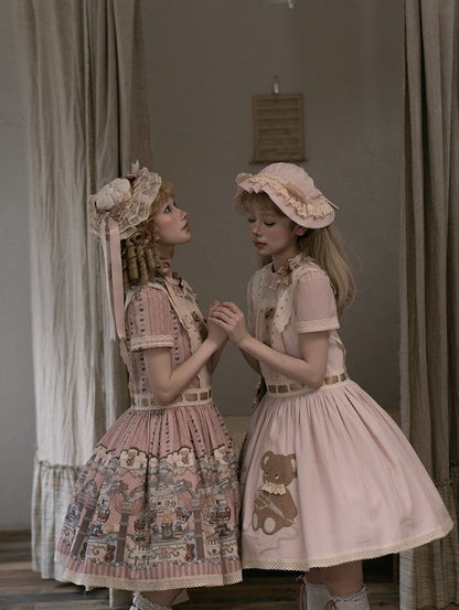 Sweet Waist Dropped Dress Embroidery Lolita Teddy Pink Bear with