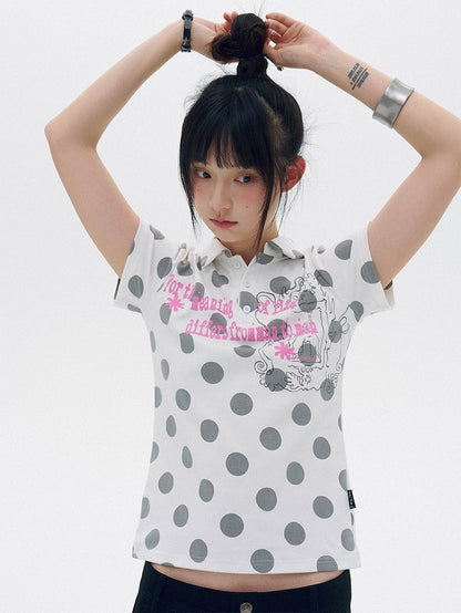 White Gray Polka Dot Polo Shirt with Letter Print - innomoood