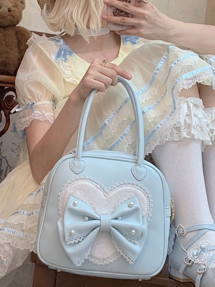 Herz Lolita Süße Hand Plüsch Verziert Bowknot Blau Perlen Tasche