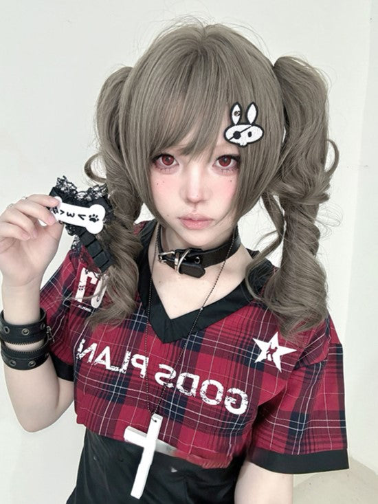 Gray Clips Wig Brown Length 30CM With Double Ponytail Claw Synthetic