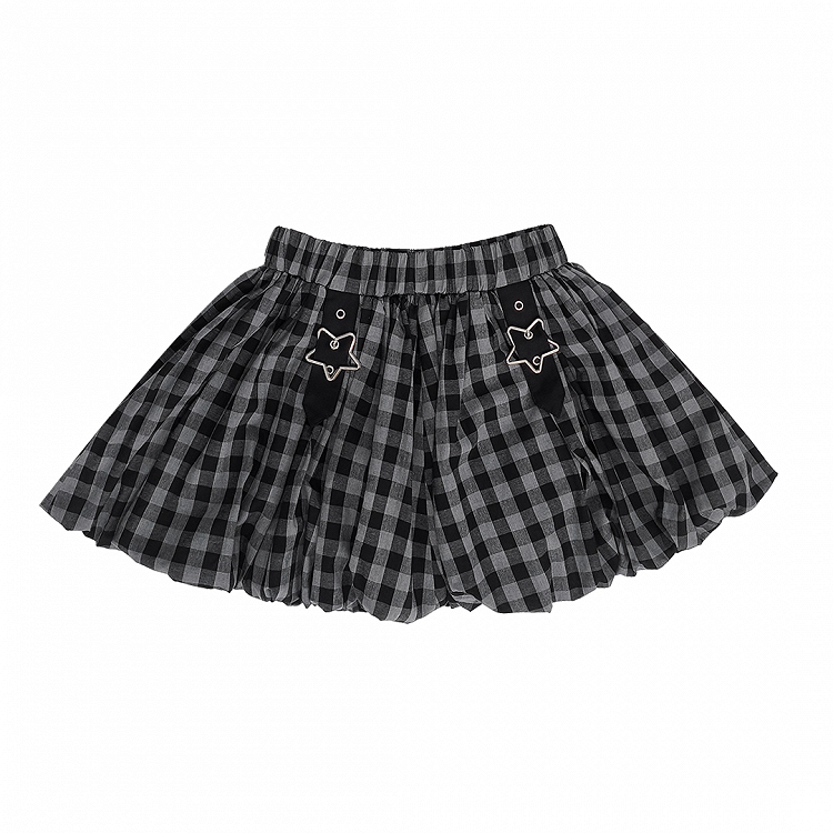 Plaid Bubble Skirt Y2K Gray / Red Star Buckles Black Black