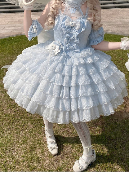 Princess Neck Hem Ruffle Halter Balletcore Lolita Layered Dress Blue with