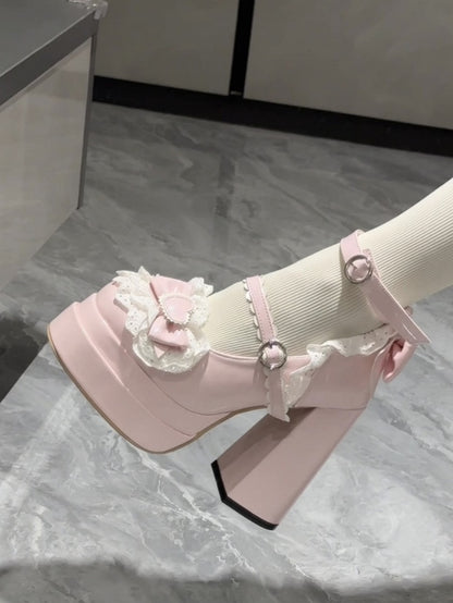 Sweet Trim Pink Lace High-heel Lolita Janes Heart Decor Mary Top Bow with