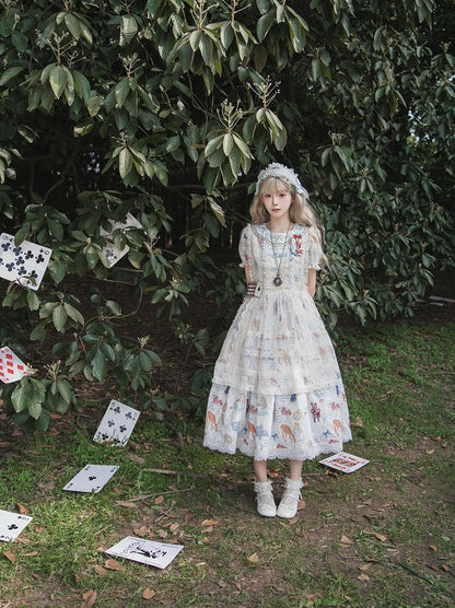 Azure Alice in Wonderland Print Round Neck Sweet Gown with Drawstring Waist - Forest Fairy Tales