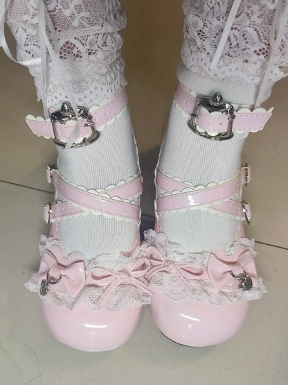 with Mary Janes Mid Lolita PU Details Bow - Heel Pink Sweet