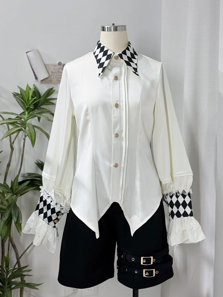 バイブスホワイトシャツ王子サーカスロングカラーチェッカーボードカフススリーブとプリントロリータ