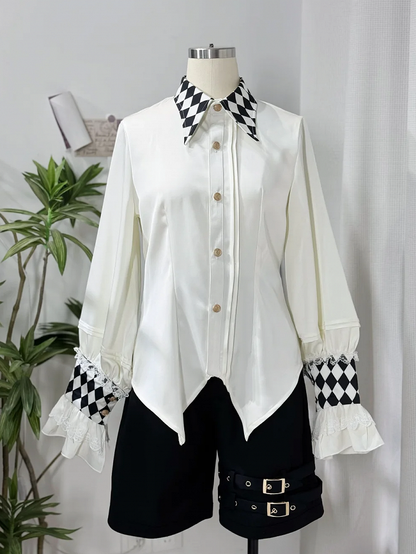 バイブスホワイトシャツ王子サーカスロングカラーチェッカーボードカフススリーブとプリントロリータ