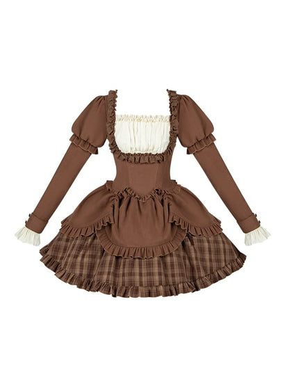 Neckline Short Elegant Square Dress Classic Coffee Lollita Plaid Version