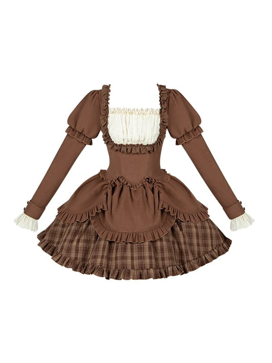 Ausschnitt, kurz, elegant, quadratisch, Kleid, klassisch, Kaffee, Lollita, kariert