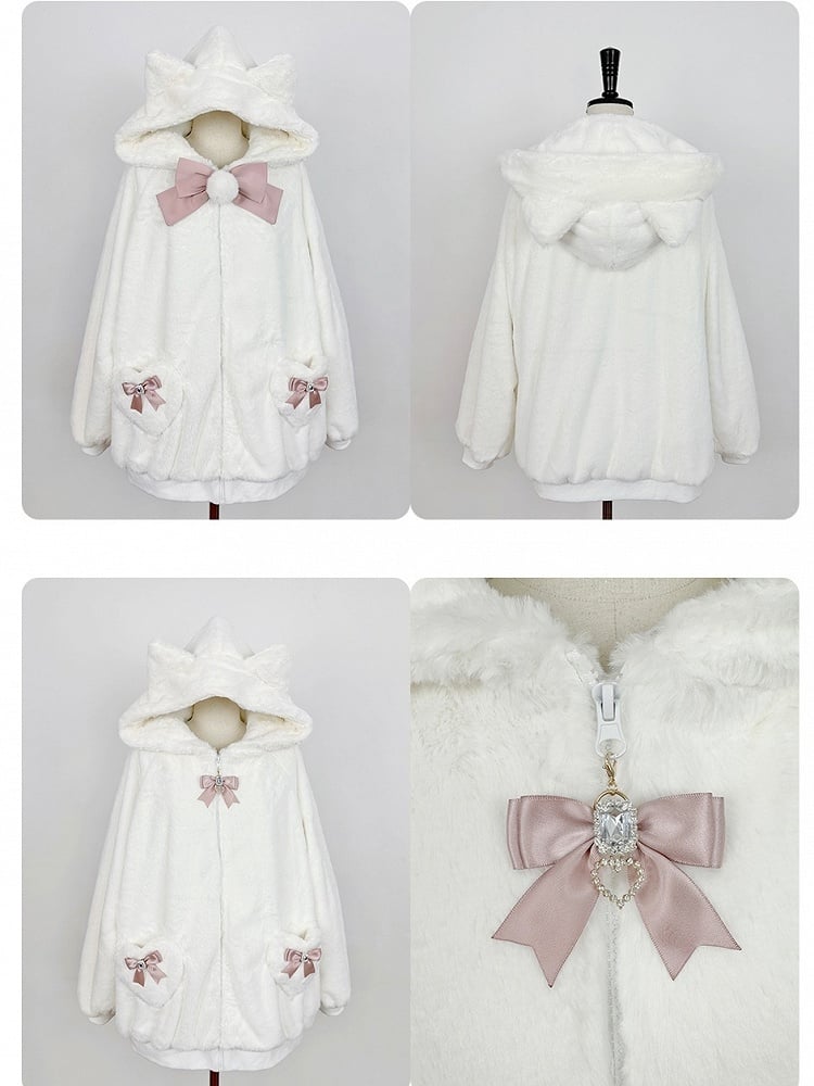 12 Kitty-Ear Jacket Bows Detachable Hooded with Pompom Jirai Available Colors Plush Kei