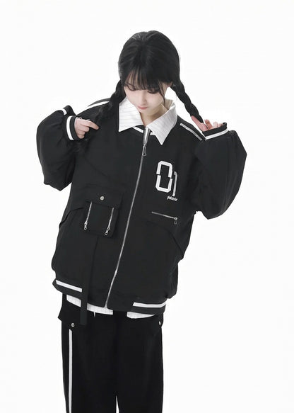 Schwarze, kurze Baseballjacke im Preppy-Stil mit Reißverschluss