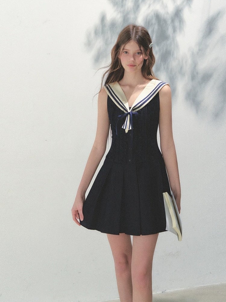 Blue Collar with Pleated Kawaii Detachable Dress Navy Sailor Style
