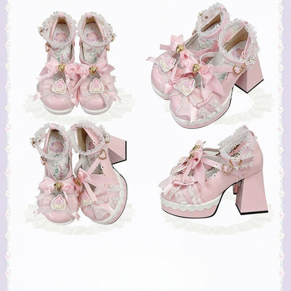Accents Lolita Decor Pink Decorative Heart Heel Snap in Bow Sweet PU Strawberry Janes Block High Mary