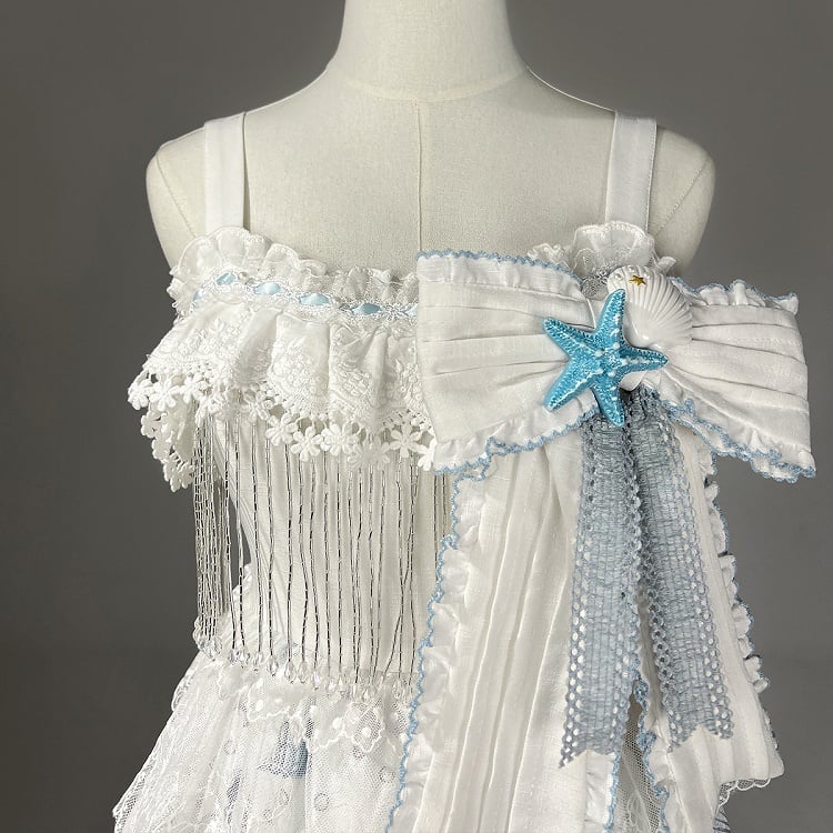 Blaues Lolita-Muschelkleid mit weißem Meeresdruck und Seesternen