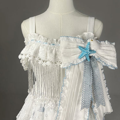 Blaues Lolita-Muschelkleid mit weißem Meeresdruck und Seesternen