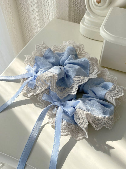 Elegant Lolita Scrunchies with Blue Bow Beige Ribbon