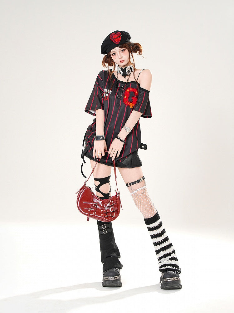 Asymmetrical Neckline Blokette Core White/Black Striped T-shirt