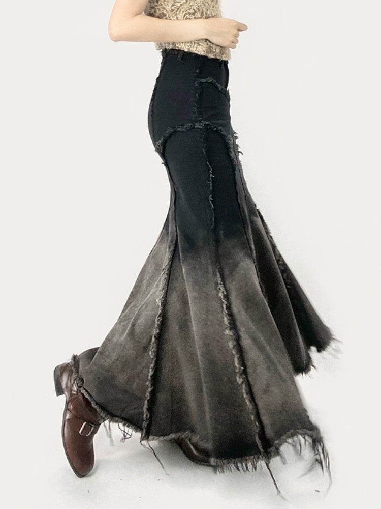 Millard Fashion – Denim-Meerjungfrauenrock mit Farbverlauf und Distressed-Besatz in Schwarz